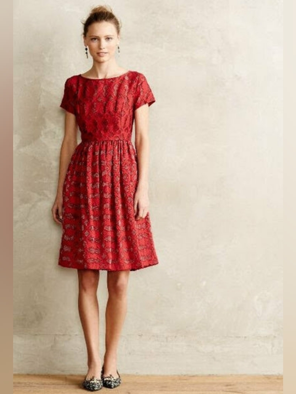 Anthropologie Red Textured Short Sleeve Fit And Flare Dress